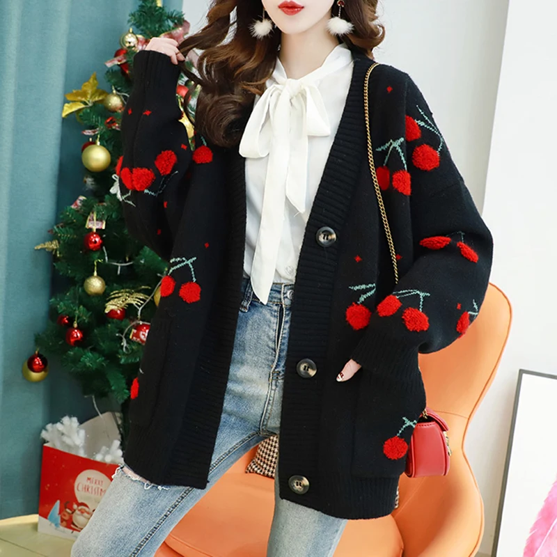 Autumn Fashion Cherries Embroidery Mid-length Cardigans Womens V-Neck Bat Sleeve Pocket Knitting Sweater Coat Loose Ladies Tops