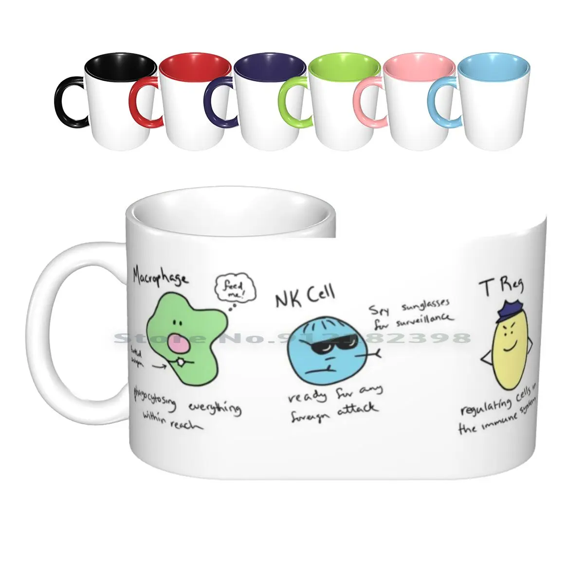 Macrophage , Nk Cell , & T Reg Ceramic Mugs Coffee Cups Milk Tea Mug Immune Cells Cartoons Immunology Cute Biology Science