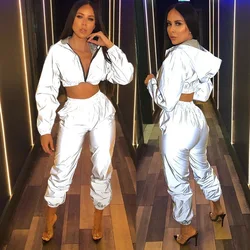 Women Reflective Set Loose Tracksuit Long Sleeve Sweatshirt Reflect Hoodies Jacet Trousers Jogger Pants Outfit Leisure