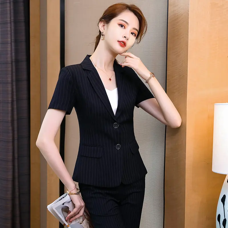 IZICFLY New Style Summer Dark Blue Striped Single Breasted Slim Business 2 Piece Set Women Office Pants Suit Work Wear-Thin