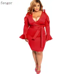 Roupas femininas plus size vestidos babados mangas alargadas vestido grande urbano casual commuter sexy v-neck vestido 2021 novo outono