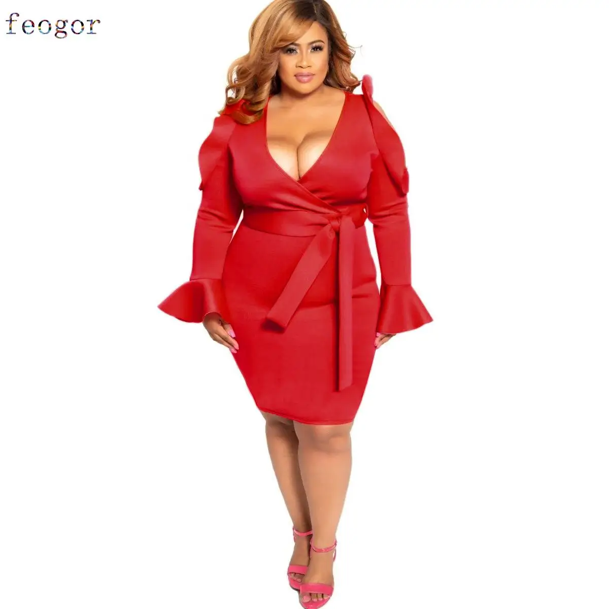 Women's Clothing Plus Size Dresses Ruffled Flared Sleeves Dress Large Urban Casual Commuter Sexy V-neck Dress 2021 New Autumn