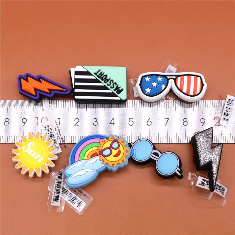 Original PVC Shoe Charms NEW Sunglasses Sunrise Sun Lightning Shoes Decorations Upper Accessories for Kids Party Gifts U197