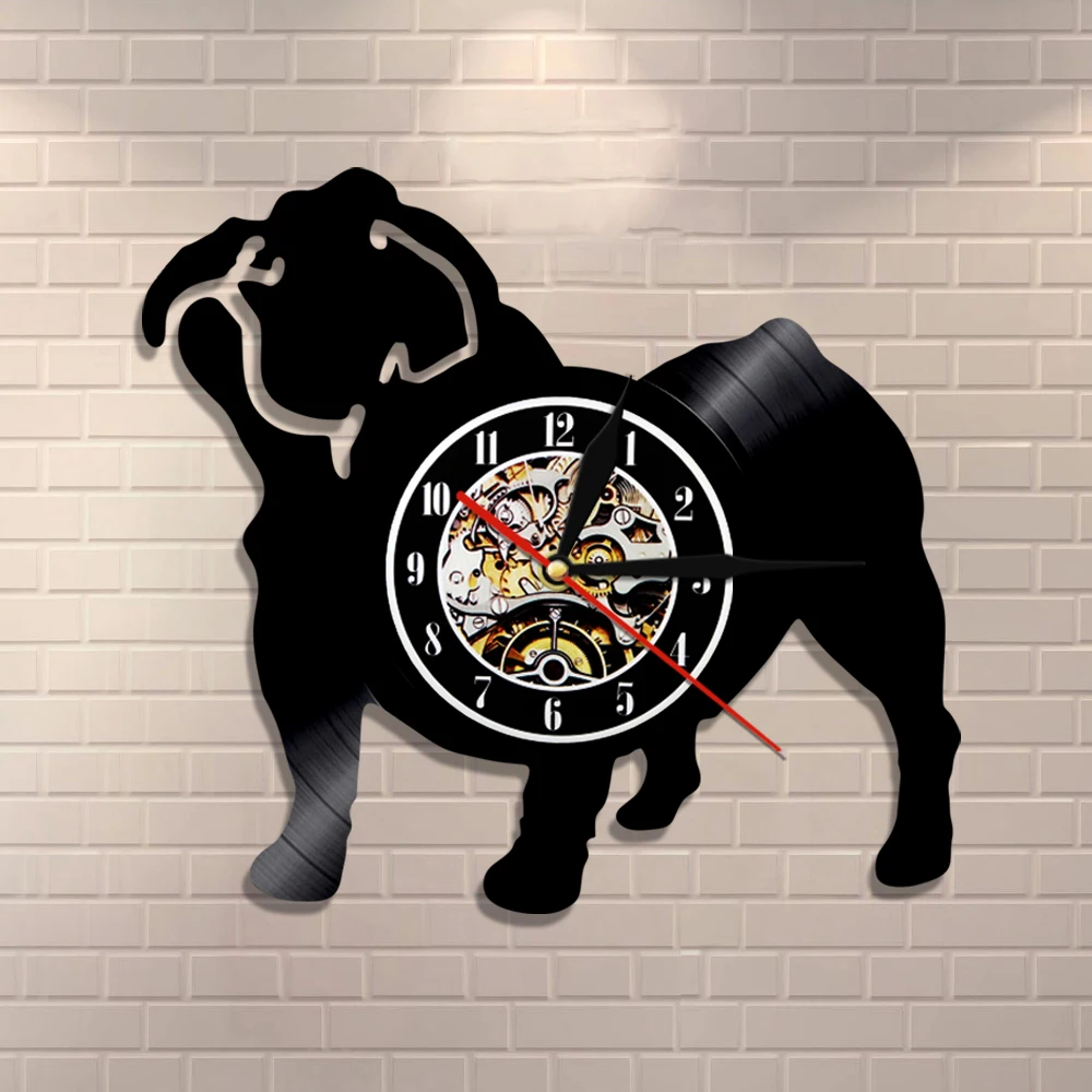 French Bulldog Silhouette Shadow Wall Clock Dog Animal Vinyl Record Hanging Watches Puppy Art Silent Decor For Children's Room