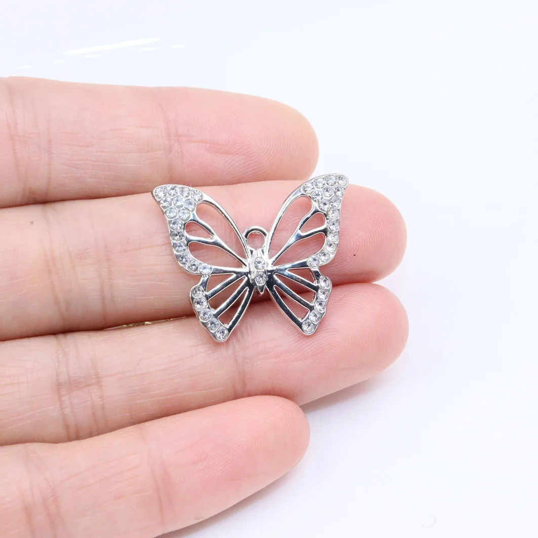 Eruifa 6 قطعة 26*20 مللي متر فراشة مع حجر الراين سبائك الزنك قلادة ، القرط المرأة الإكسسوارات والمجوهرات فتاة DIY بها بنفسك اليدوية 2 ألوان