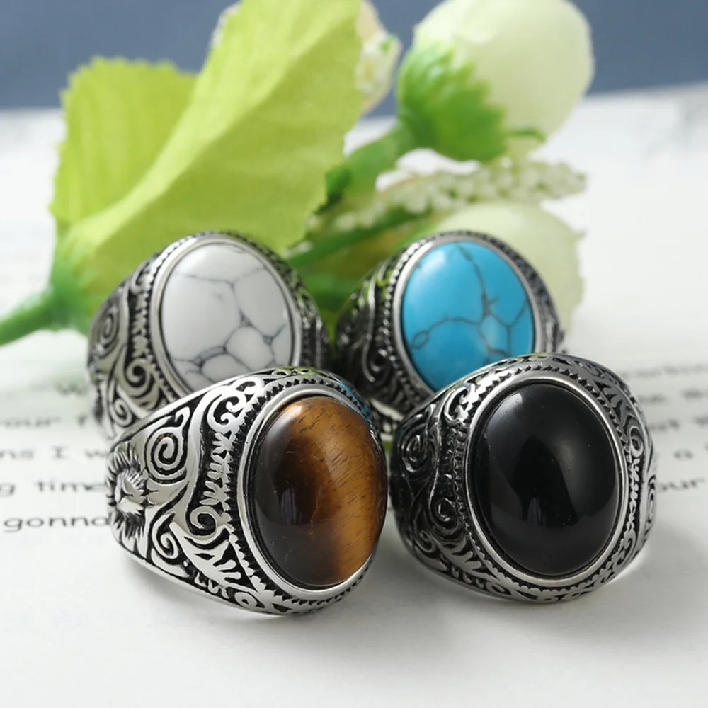 

Punk Natural Dashi Tiger Eye Ring For Men Women Retro Stainless Steel Carved Pattern Stamp Big Stone Ring Fashion Jewelry Gift