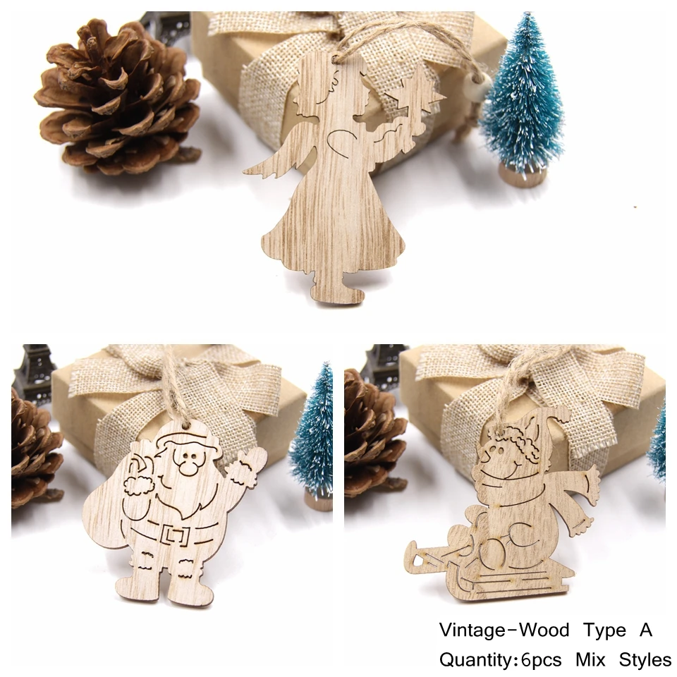 6PCS European Hollow Christmas Snowflakes Wooden Pendants Ornaments for Xmas Tree Ornament Christmas Party Decorations Kids Gift