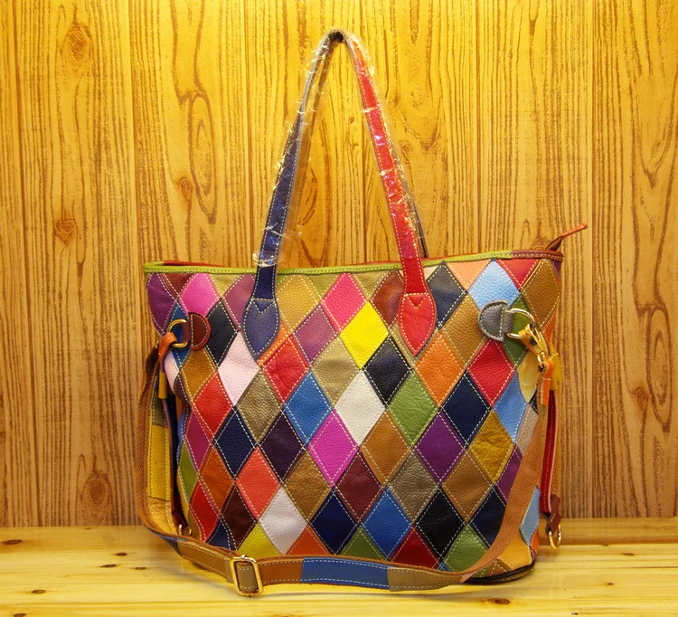 Real Leather Women's Casual Patchwork Geometric Handbag Fashion Colorful Random stitching Shoulder Messenger Tote Bag 330