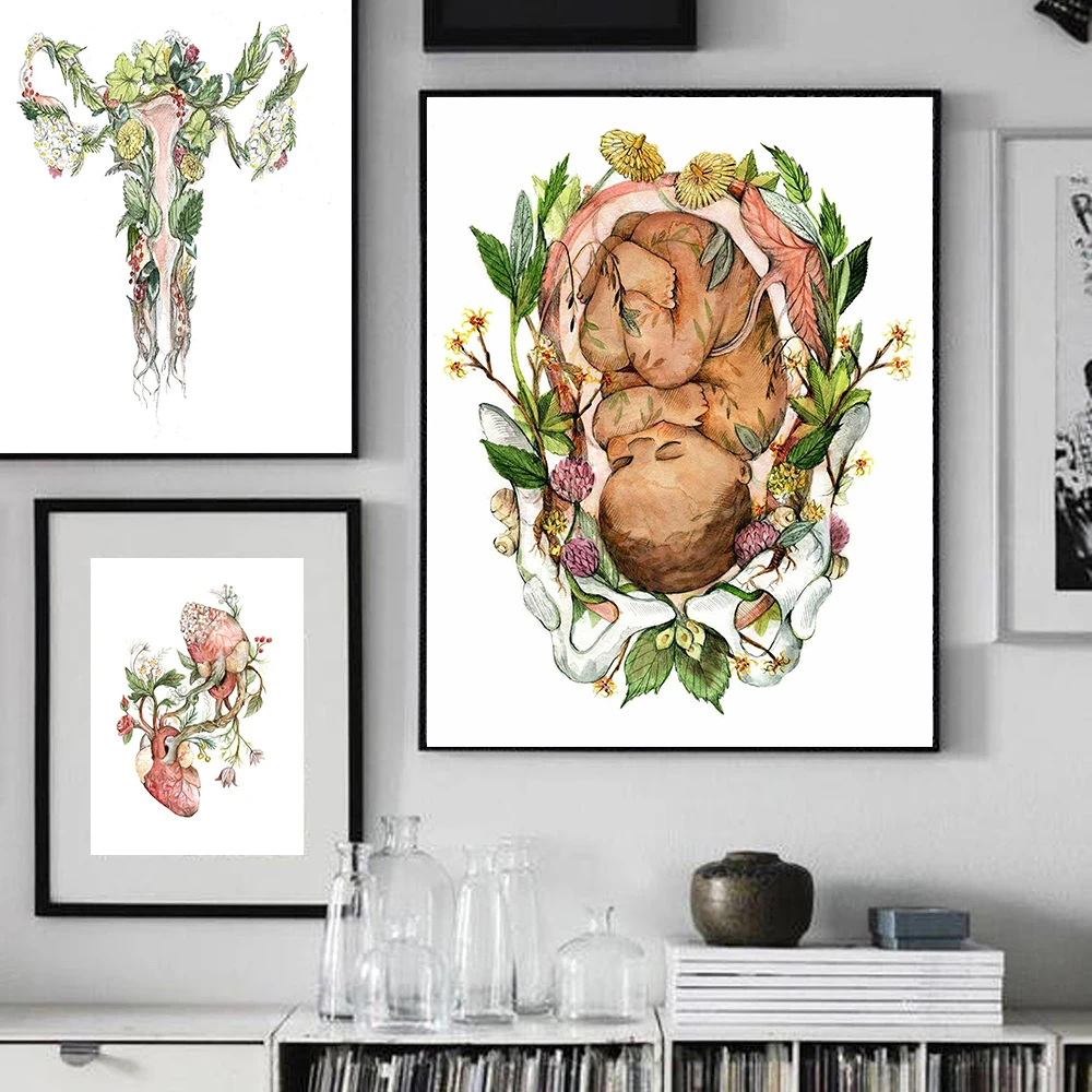 Baby Poster Anatomical and Botanical Painting Vagina Vulva Flowers Plants Canvas Print Pictures Body Education Wall Home Decor