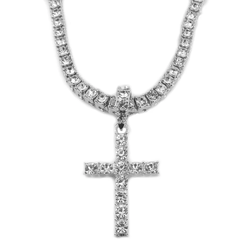 Shiny White Crystals Pendant Necklace Holy Crystals Pendant with Rhinstone Chain Unisex Fashion Jewelry