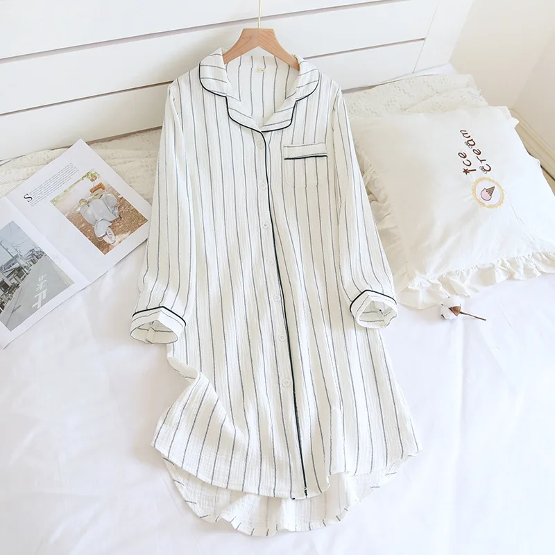 Summer Ladies Cotton Nightgowns Long-sleeved Simple Plus Size Sleepwear Double-layered Gauze Sleeping Dress Striped Sleep Tops