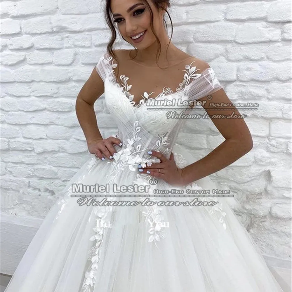 Robe de mariée à manches courtes, style Boho, en Tulle, effet d'illusion, col rond, coupe trapèze, grande taille