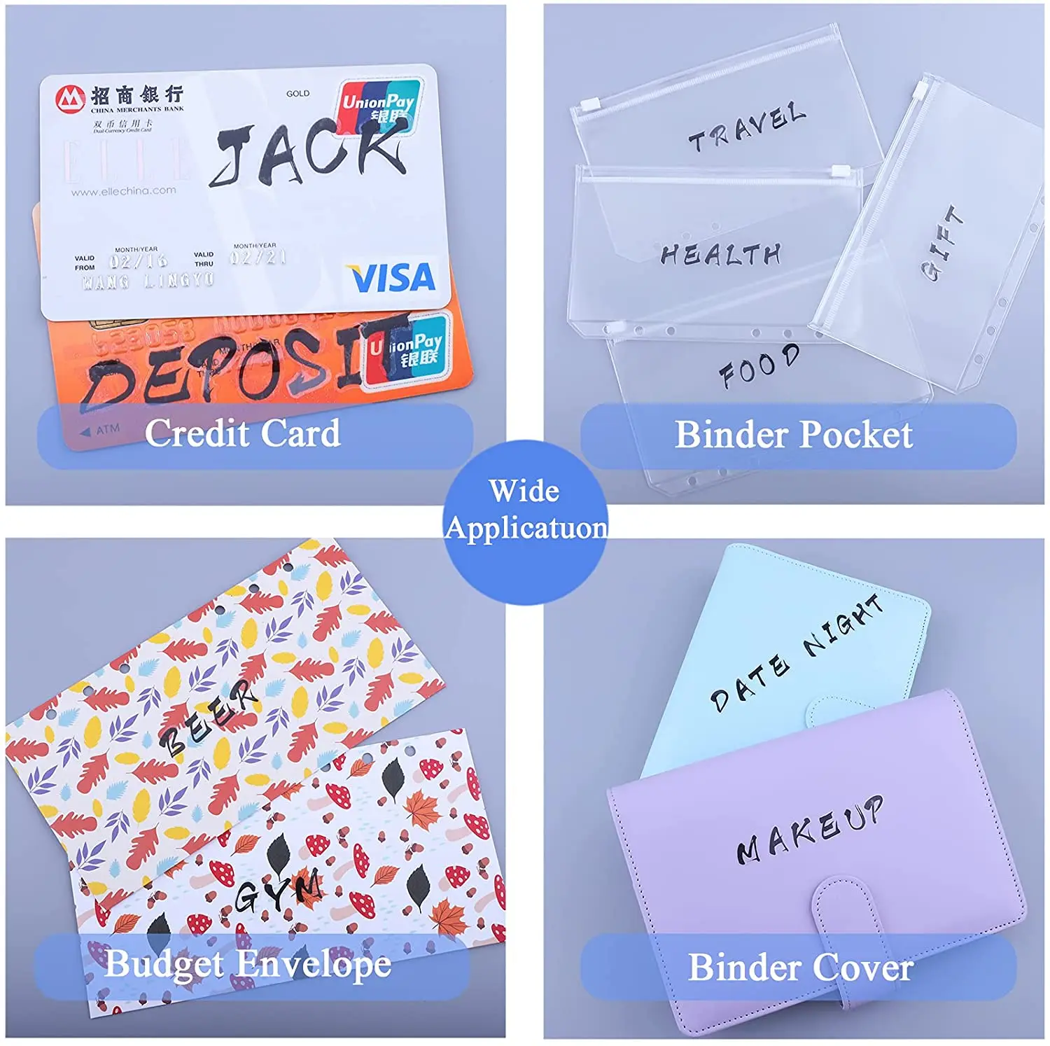 A6 PU Binder Cover Cash Envelopes System with 8PCS A6 Binder Pockets, 12 Expense Budget Sheets,2PCS 26 Letter Sticker Labels