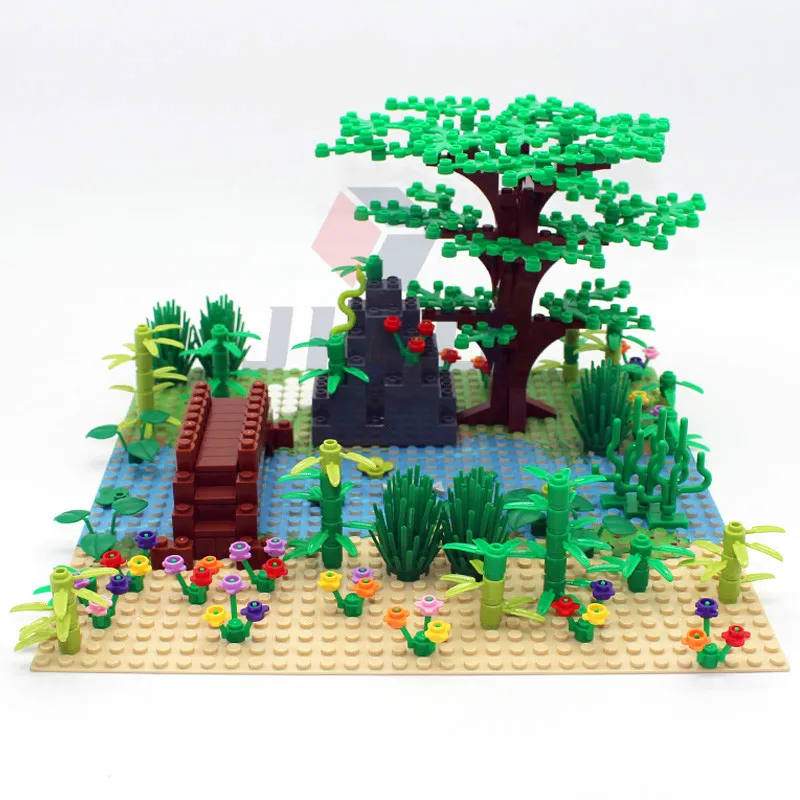 Rain Forest Parts Animal Green Grass Jungle Bush Flower Tree Plants MOC Building Blocks DIY Assemble Compatible Brands Baseplate