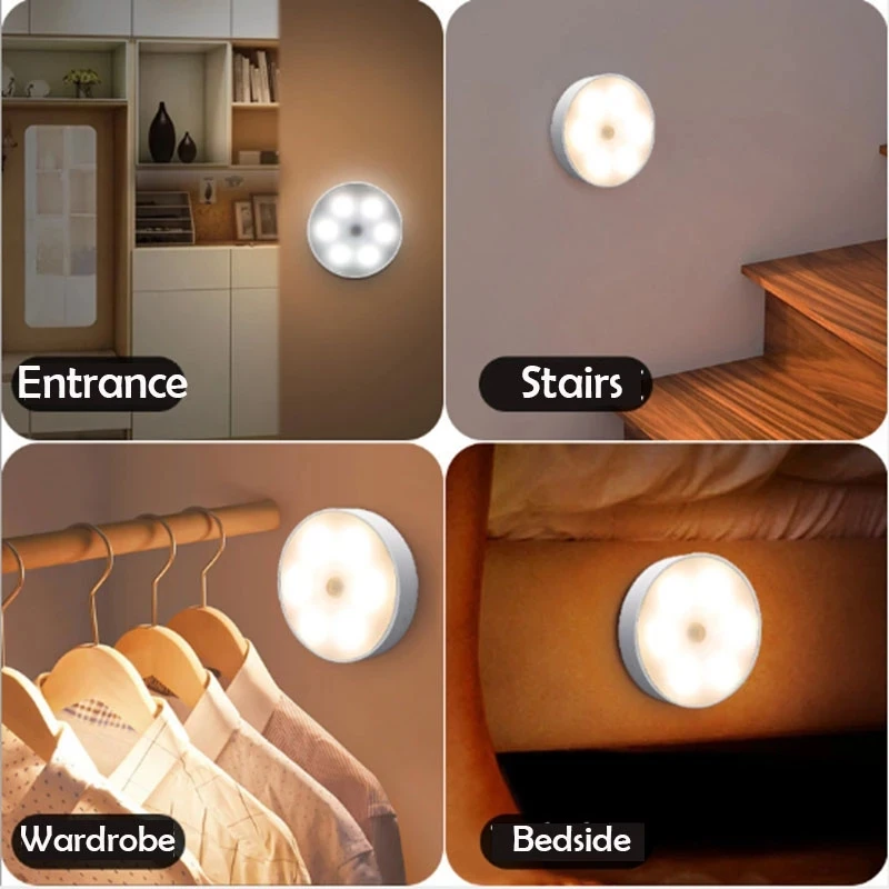 Luz Nocturna LED con Sensor de movimiento PIR, lámpara nocturna recargable por USB para armario de cocina, lámpara de armario, escalera, luz de