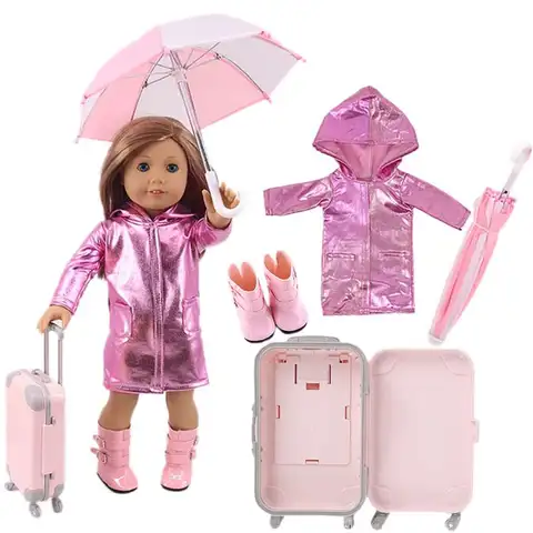 4Pcs=Raincoat+Umbrella+Rain Boots+Suitcase For 18 Inch American Doll&43Cm Reborn Baby Doll Accessories Generation Girl DIY Toys