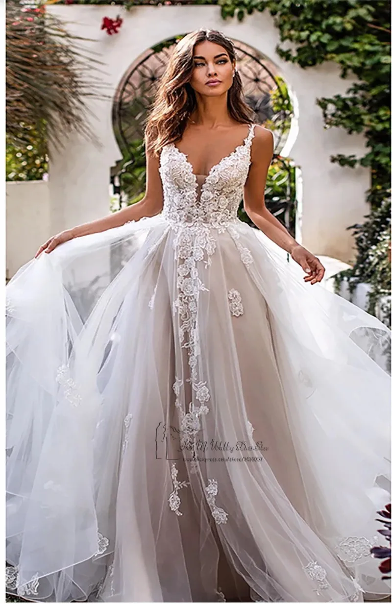 사용자 정의 만든 3D 꽃 Boho 레이스 웨딩 드레스 주름 장식이없는 빈티지 신부 드레스 2021 Vestido de Noiva Renda Women Mariage