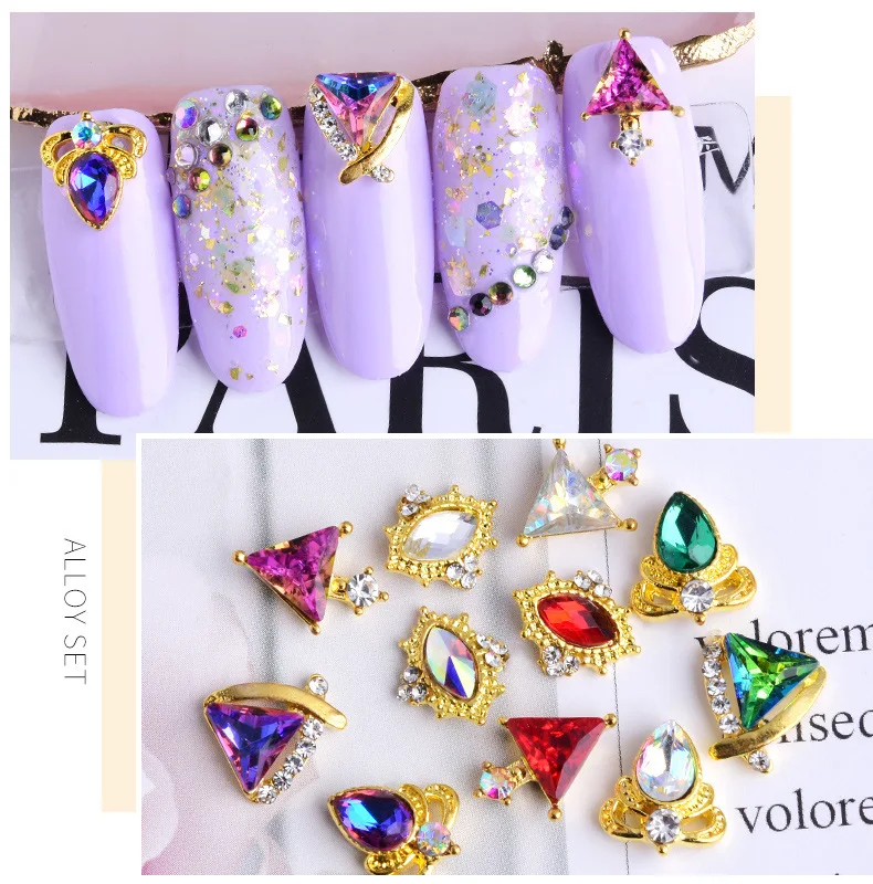 Factory Outlet Nail Art Alloy Jewelry Turntable Nail Shaped Metal Color Diamond Phototherapy Nail Art Decoration 12 Styles