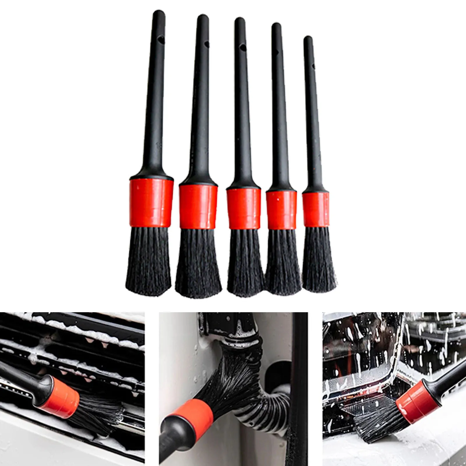 Car Interior Detailing Brush Set 5 Different Brush Sizes Plastic Handle Premium Natural Boar Hair Mixed Fiber