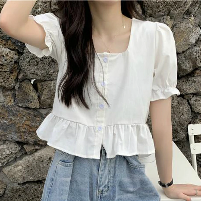 Blouses Women Lovely Ruffles Hem Ulzzang Puff Sleeve Design Ladies Crop Top Trendy Square Collar Holiday All-match Girls Blouse