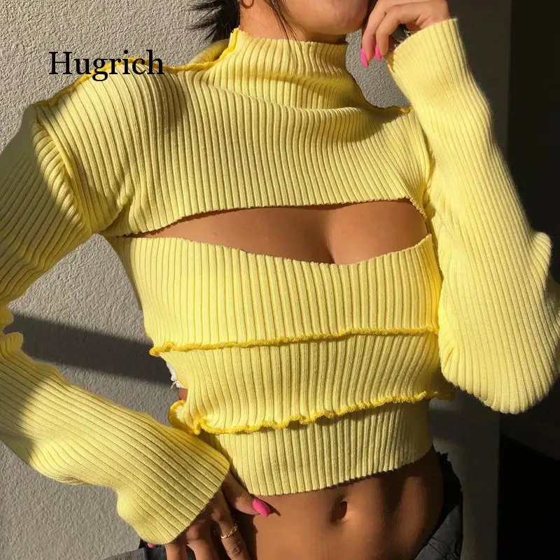 2021 Spring Yellow Design Sexy Front and Back Hollow Out High Collar Ear Edge Long Sleeve Fashion Sweater for Women