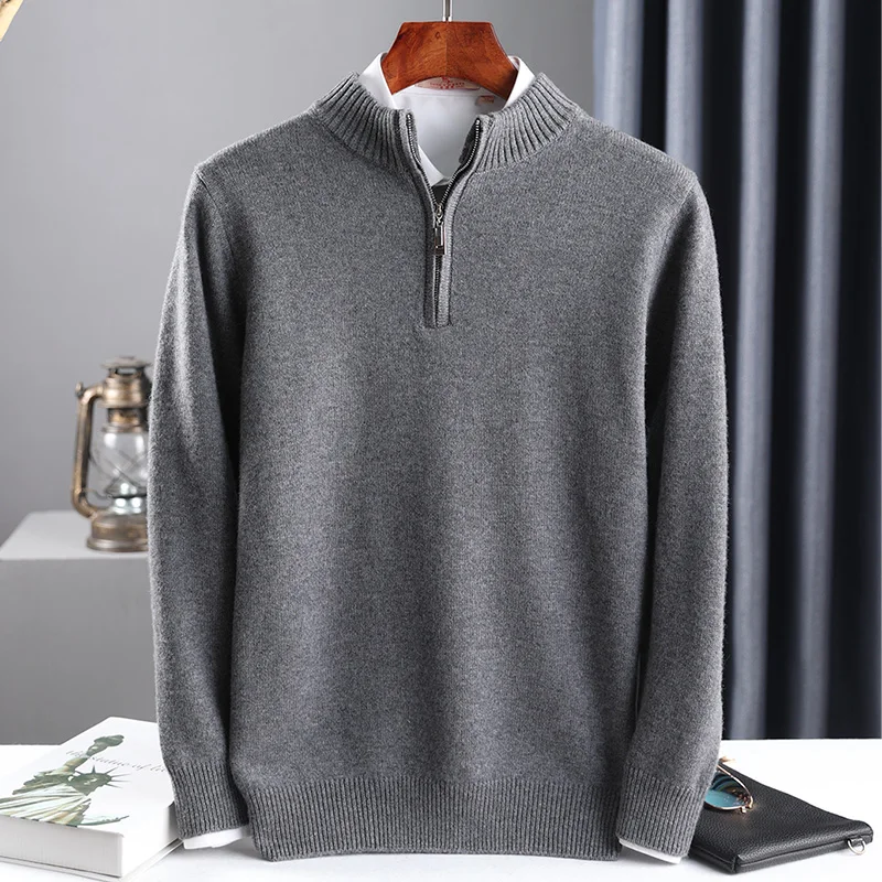 2025 New Pure Cashmere Sweater Men\'s Knit Large Size High-End Top 100%Wool Half High Neck Thick Pullover Winter Youth Wild Warm