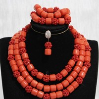 Dudo African Artificial Coral and Crystal Bead Balls Fashion Designer Necklace Set With Bracelet and Earrings 3 Layers Dubai Set