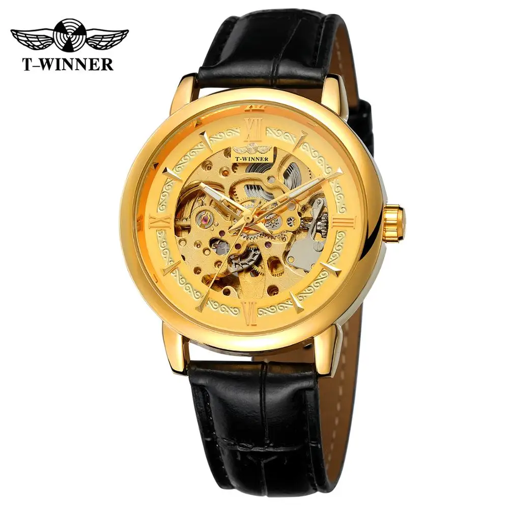 

T-WINNER fashion casual men's watch luxury hollow gold dial and case black leather strap automatic mechanical watch