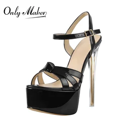 Onlymaker Platform Sandals For Women Black Patent Leather Narrow Band Ankle Buckle Clear Metal Thin High Summer Heels