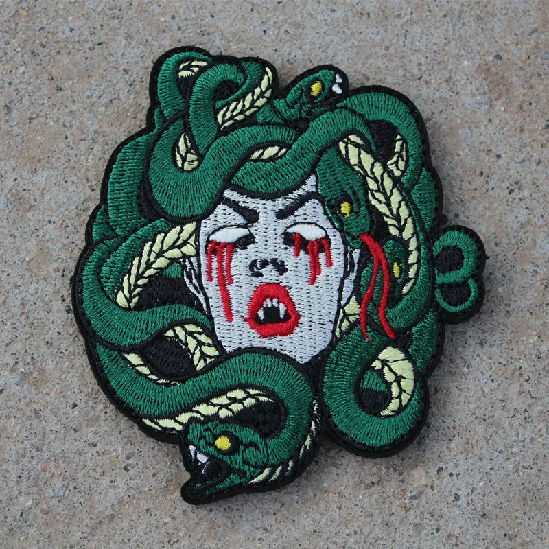 Medusa Embroidered Patches for Jacket and Bag Red Blood Tears and Lips DIY Armband Badges Emblem Decor Green Snake Head Queen