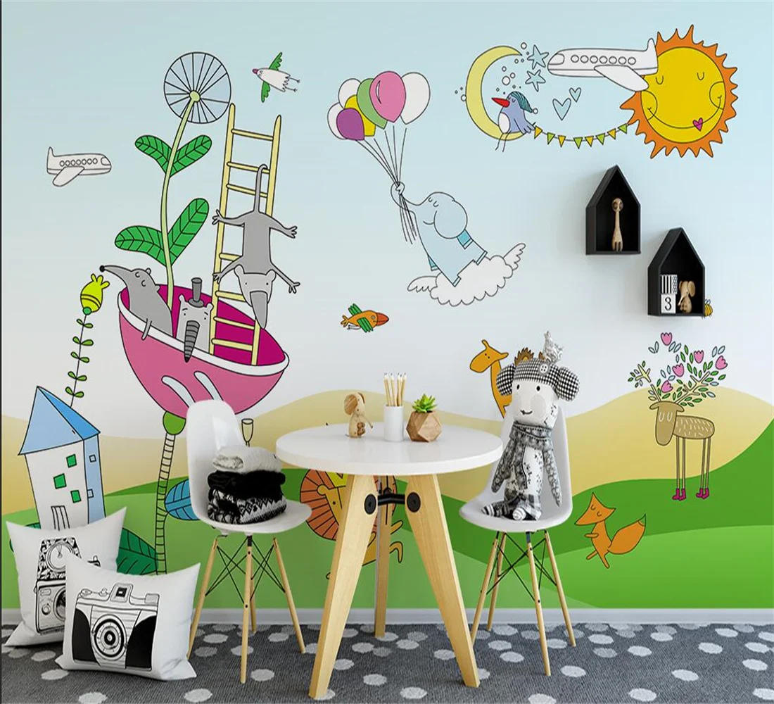 Custom wallpaper Cartoon Hand drawn small animals Children Baby Room Bedroom Wallpaper Wall Mural Sticker Home Decor