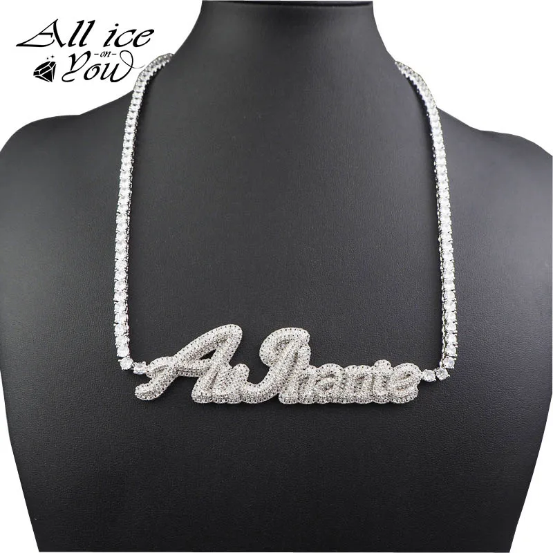 ALLICEONYOU Custom Name Iced out Cursive Letter Tennis Necklace Micro Pave Pendant Solid Back Hip Hop Rock Women Jewelry Gift