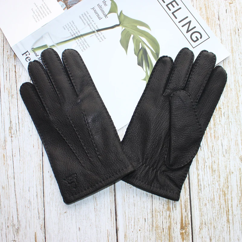 Guantes de piel de ciervo para hombre, cosido a mano, pantalla táctil, punto de lana corrugado elegante, forrado, cálido, conducción, cuero, nuevo