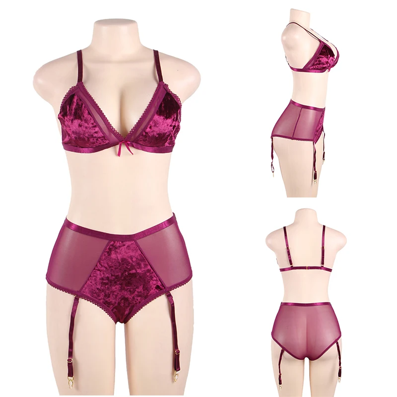 Soft Velvet Bra Set Purple Women 3/4 Cup Bra and Garter Panty High Waist XL-5XL Plus Size Transparent Sexy Lingerie Set RS80603