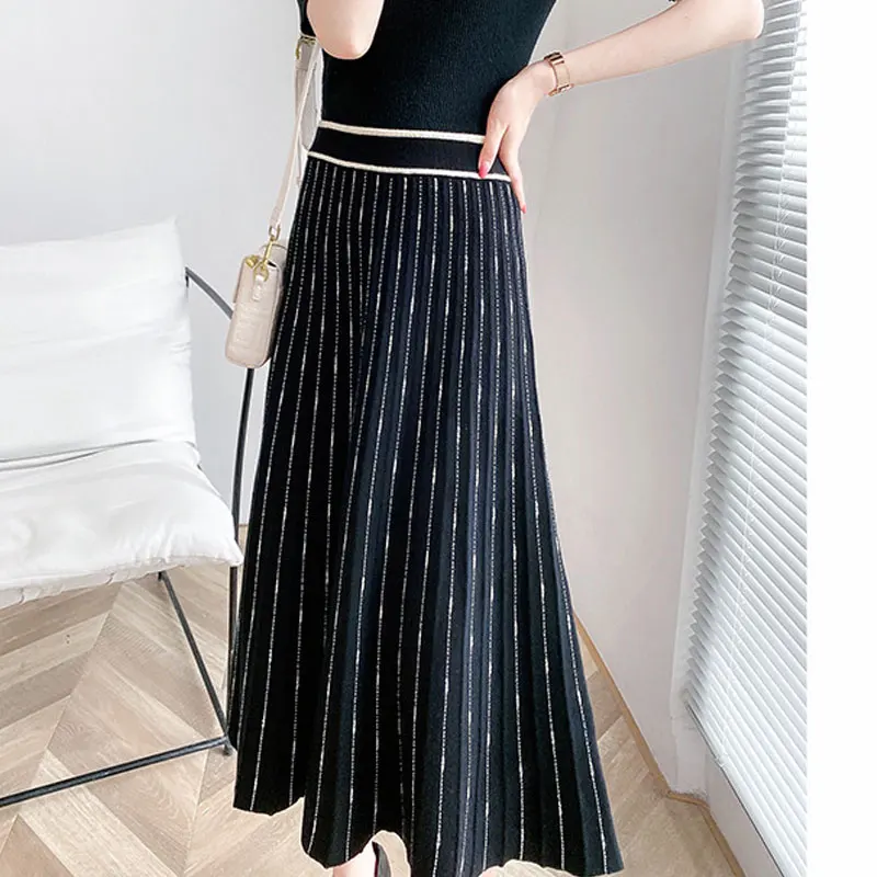 2021 Autumn Women A-Line Skirts Elastic High Waist Stripe Skirts Women Kintted Black Skirts Jupe Femme Saia Falda Mujer Outwear