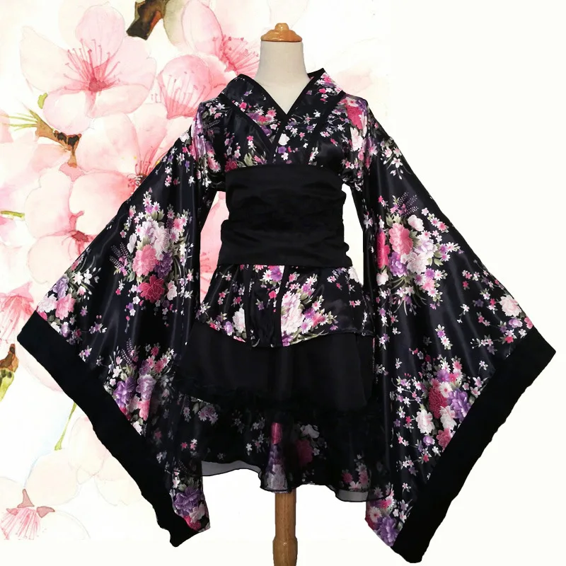 Feminino curto sexy quimono anime japonês lolita cereja sakura flor impressão quimono maid trajes seda yukata fantasia vestido S-3XL