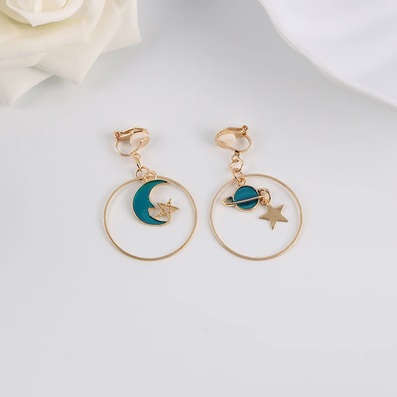 Korea Style Asymmetrical Fresh Enamel Blue Star Moon Planet  Circle Clip on Earrings Non Pierced For Girl Women Party Gift image 4