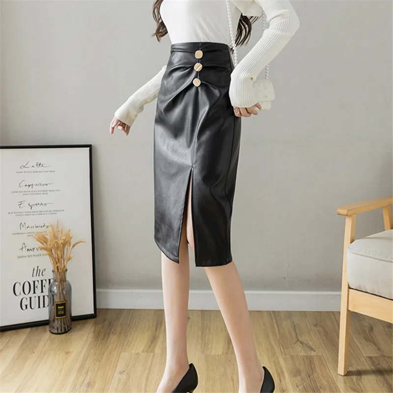 REALEFT 2021 New Buttons Women's Black PU Leather Wrap Skirts Office High Waist Front Split Women's Midi Skirts Female Autumn