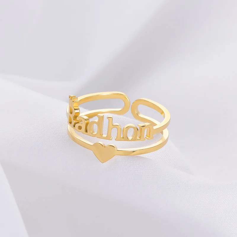 

GoldButterfly New Stainless Steel Custom Double Layer Hollow Ring for Woman Adjustable Heart Custom Name Ring Valentine Day Gift