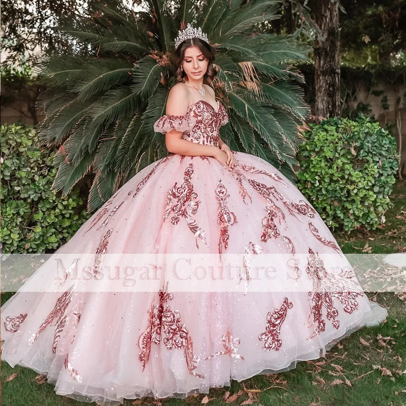 2021 licht Rosa Quinceanera Kleider Off Schulter Applique Pailletten Informelle Party Kleider Ballkleid Vestidos de 15 anos