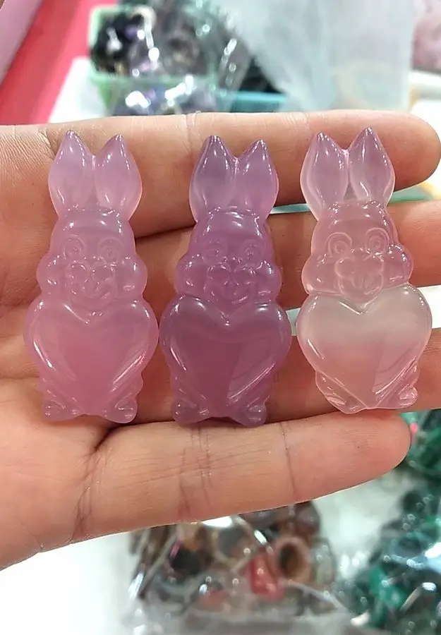 3 PCS Admirable Pink agate rabbit pendant calcedony wealth cony amulet Bless Lucky