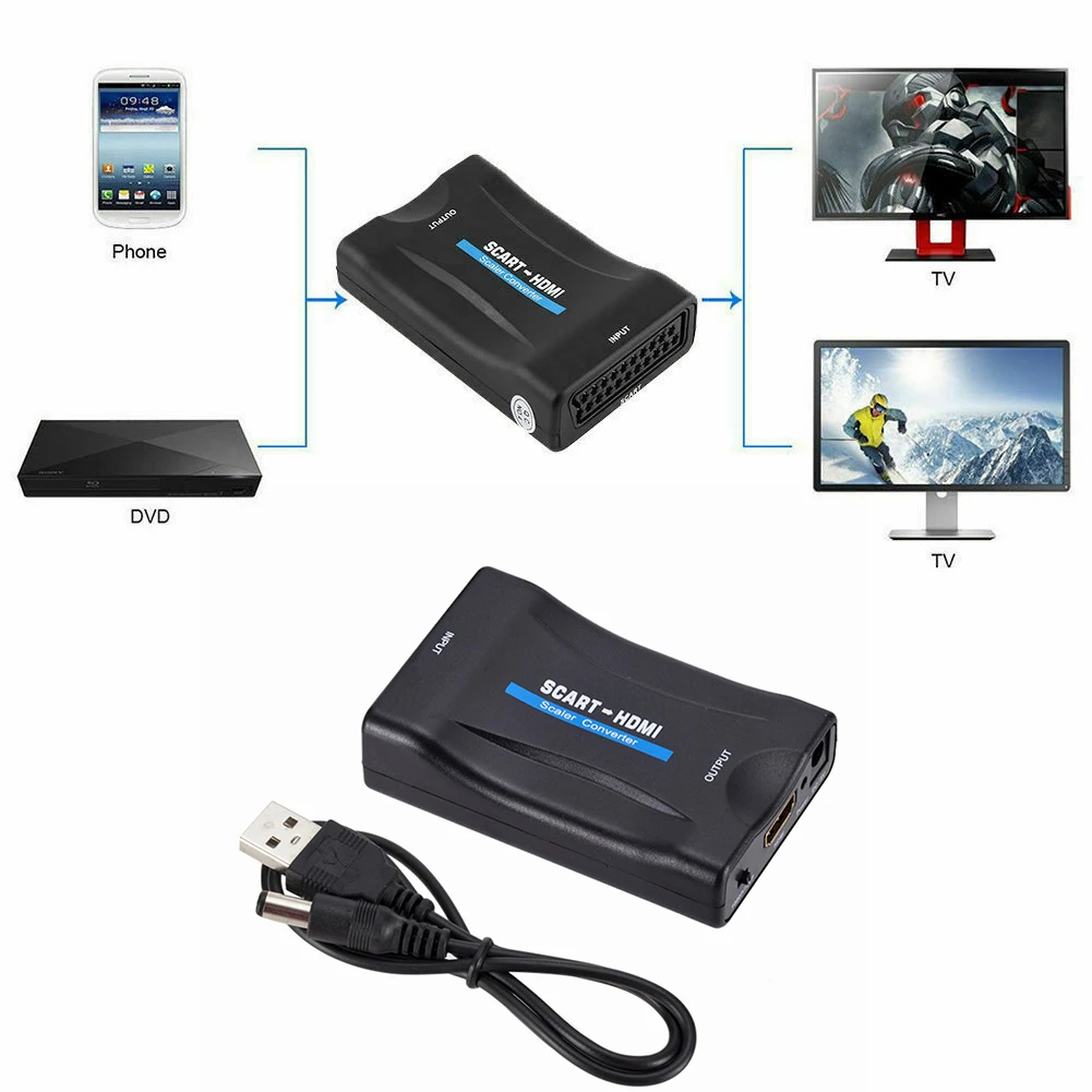 1080P SCART HDMI-compatible Video Audio Converter with USB Cable For HDTV Sky Box DVD Television Signal Upscale Converter