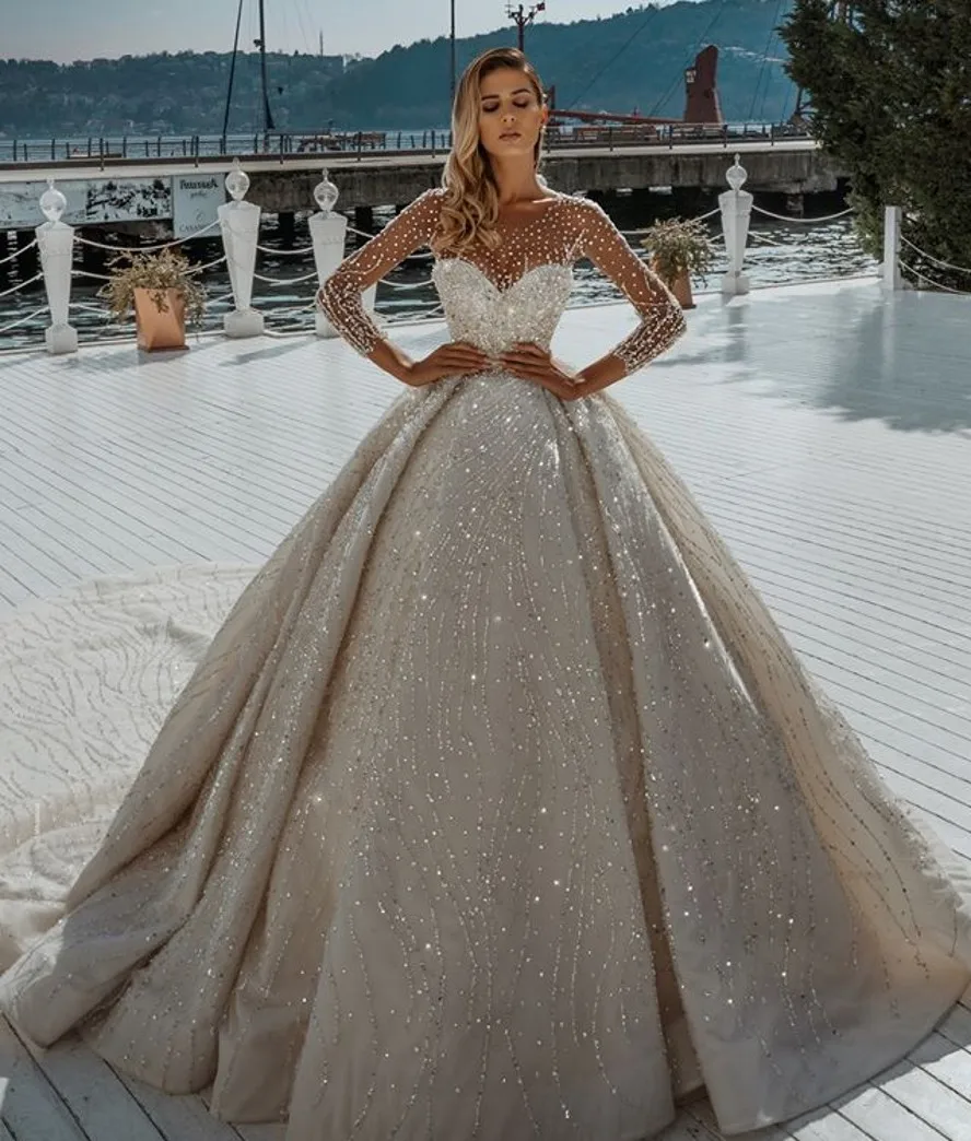 Vestido de novia de lujo con cuentas, prenda de vestir con cuello redondo, manga larga, lentejuelas, estilo árabe, Dubai, Mairee, hecho a mano, 2024