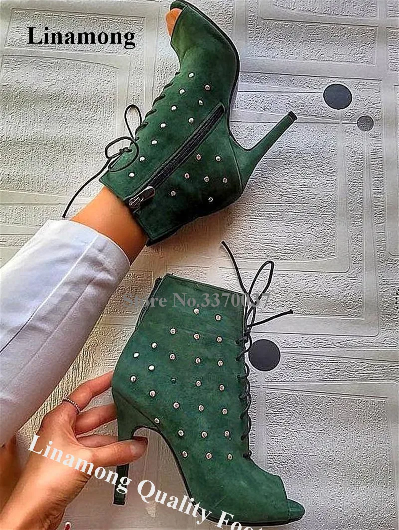 

Linamong Women Elegant Peep Toe Stiletto Heel Metal Studs Short Gladiator Boots Green Suede Lace-up High Heel Rivet Ankle Boots