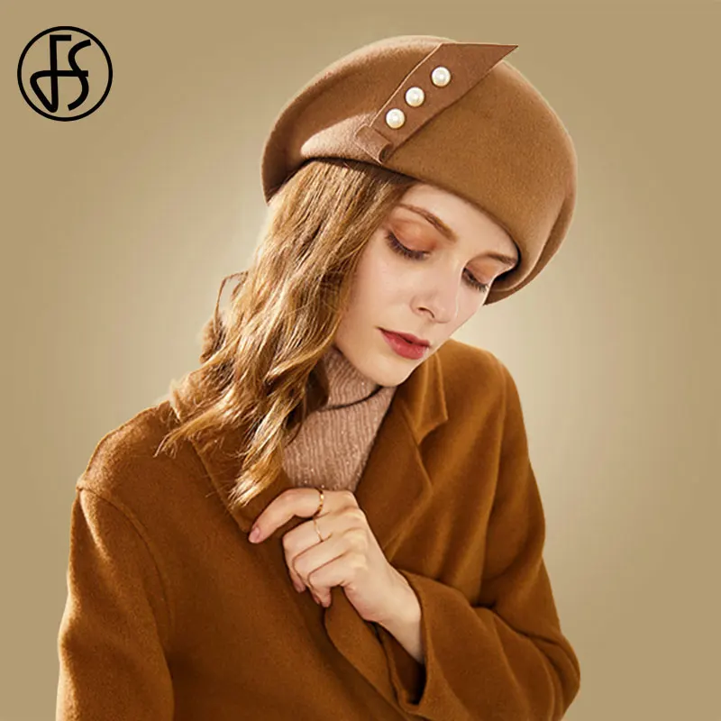 FS Women Hat Elegant Winter 100% Wool Felt Fedora Black Camel Ladies Hats For Wedding Fascinators Pearls Berets Caps Pillbox Hat