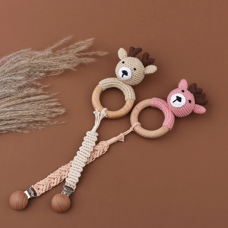 

1 Set BPA Free Handmade Crochet Deer Toys Wooden Teething Ring Cartoon Baby Rattle Teether Newborn Molar Nursing Montessori Toys