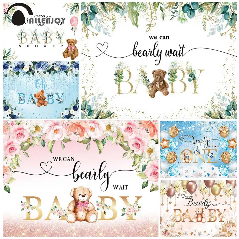 

Allenjoy Baby Shower We Can Bearly Wait Backdrop 1st Birthday Decorations Newborn Bear Glitter Partyphotography Props Background