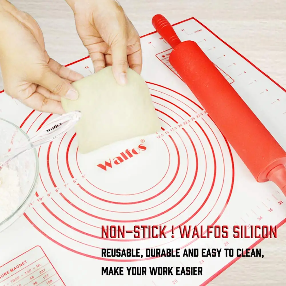 Walfos 40x60cm Non Stick Silicone Baking Mats Pad 20 Inch Wooden Rolling Pin Set Cake Baking Pastry Tools Kitchen Accessories