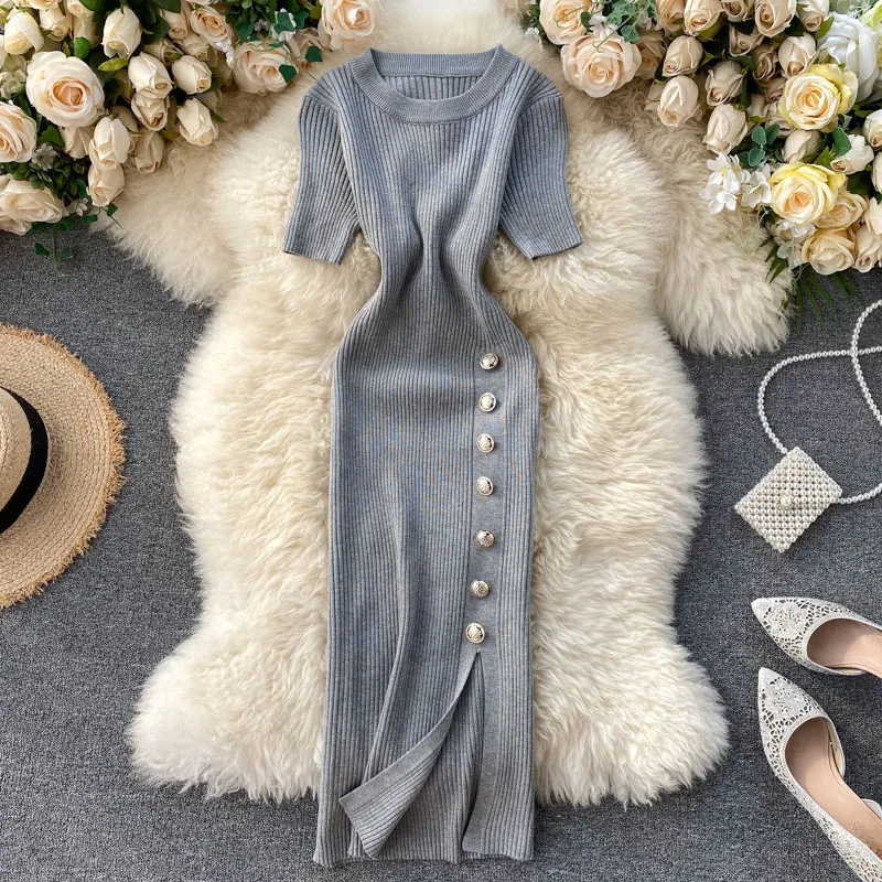

summer Knitted Sweater Dress Women Sexy Party Mini Dress French Button Short Sleeve High waist Bodycon Dress
