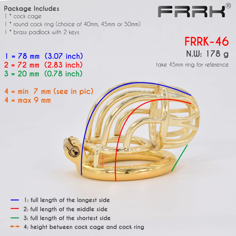 FRRK Gold Chastity Cage Metal Golden Male Bondage Belt Devices Steel Cock Ring Curve Penis Sleeve BDSM Lockable Sex Toys for Men